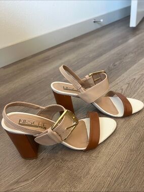 Kische Two-Tone Beige, Brown & White Block Heel Sandals